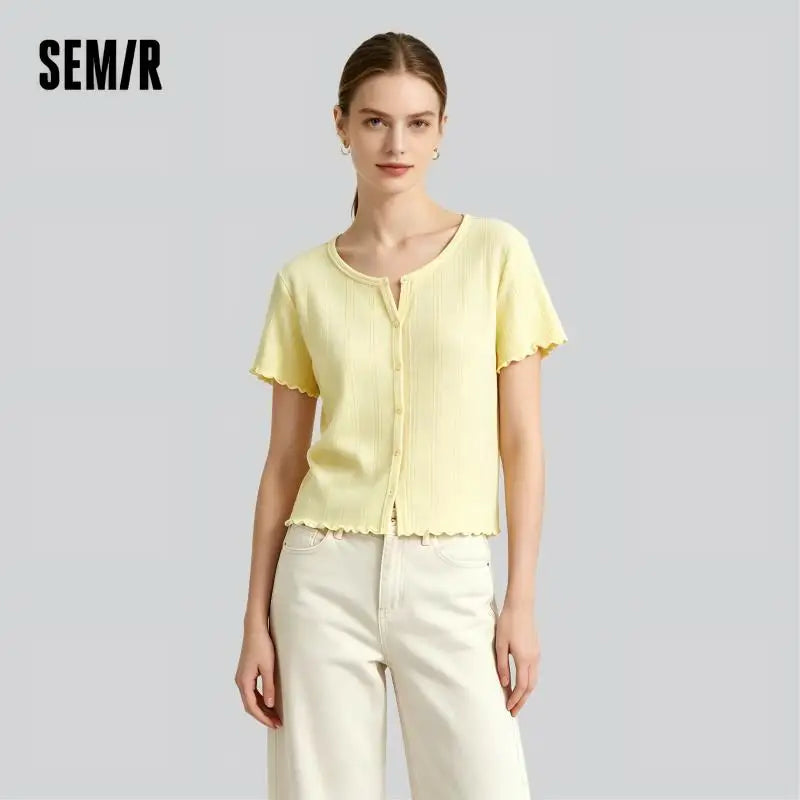 Semir Womens Tshirt 2026 Short Hollow Jacquard Texture Slim Pure Cotton Ruffle Edge Casual