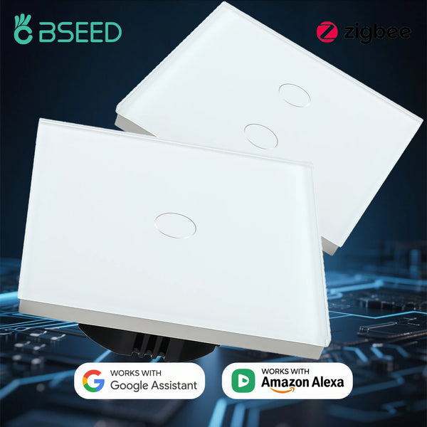 BSEED 1/2/3Gang Zigbee Touch Switch Wall Light Switch With Smart EU Socket Support Google Alexa Tuya Control No Neutral Line