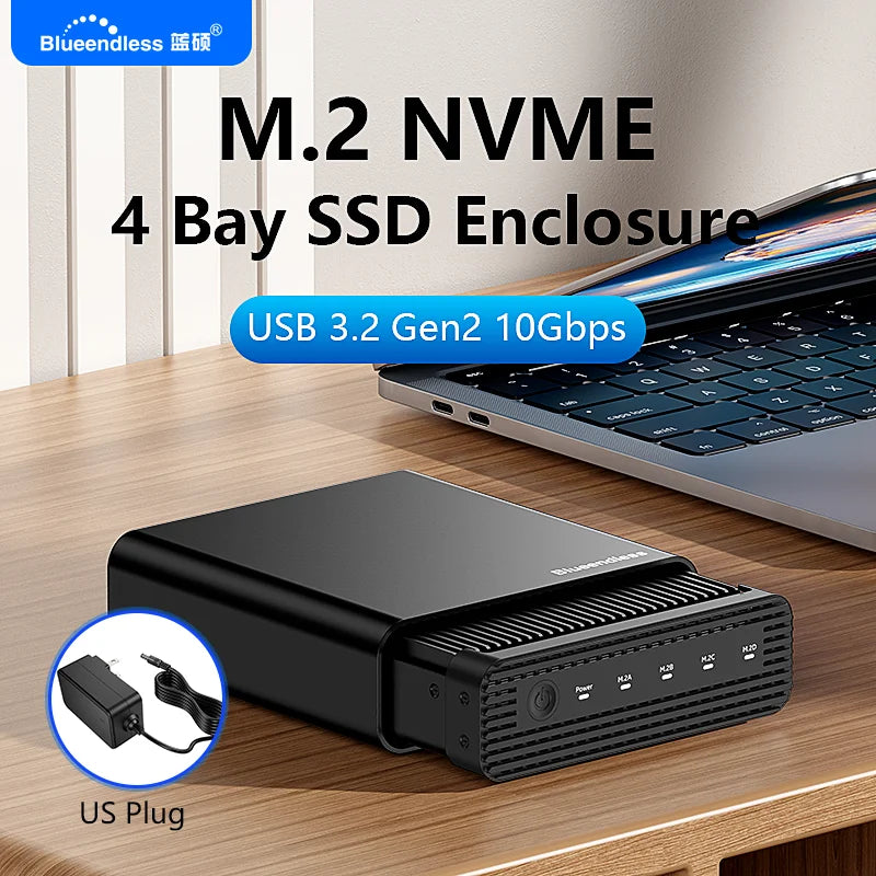 ប្រអប់ ដាក់ SSD ខាងក្រៅ ប្រភេទ PCIe NVME អាលុយមីញ៉ូម M2 4-Bay ប្រភេទ USB C 3.2 Gen2 10Gbps ទៅ Nvme Adapter ប្រភេទ SSD ជាមួយ កង្ហារ ត្រជាក់