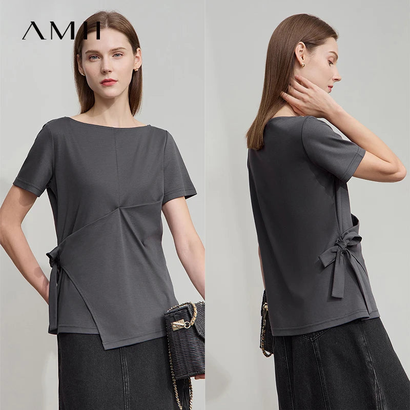 AMII Women Casual Summer T-shirt 2026 New Short Sleeve Slash Neck Tie-up Piece Pleated Cotton Tee Woman Slim Top 12552035