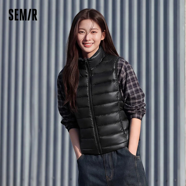 អាវកាក់ Semir សម្រាប់ស្ត្រី ទម្ងន់ស្រាល ៩០ ភាគរយ ធ្វើពីរោមចៀម កអាវឈរ ស្លីម រាងជាស្រទាប់ ពណ៌សុទ្ធ ថ្មីឆ្នាំ ២០២៦