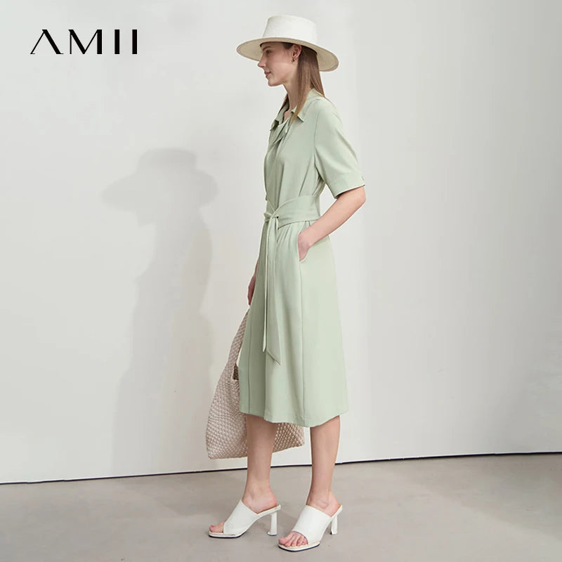 AMII Summer Office Lady Dresses Female 2026 Solid Short Sleeve Turn-down Collar with Belt Shirt Dresses Woman Fashion 12552048