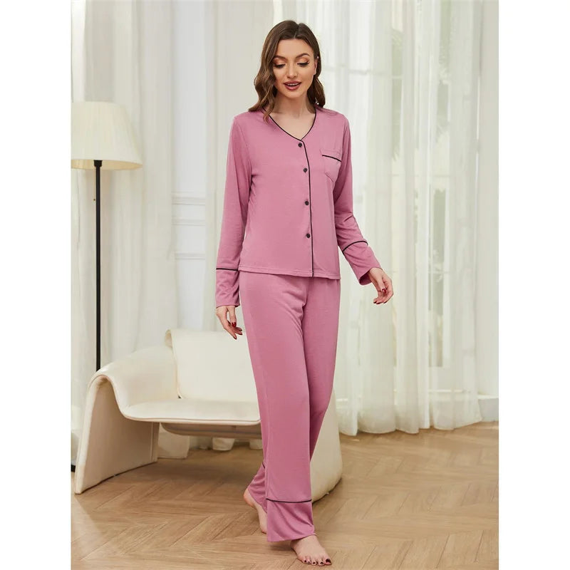 European Home Clothing Spring Autumn Long Sleeved Cardigan Pants Two-piece Set Women's Sleepwear Pajamas New Pyjamas Femme Suit
