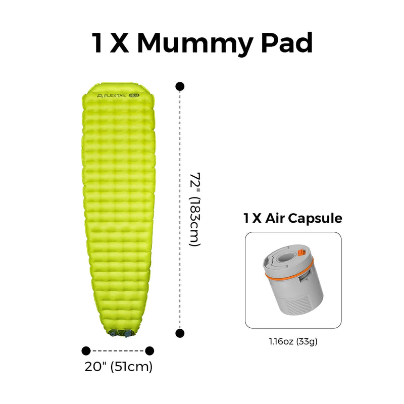 FLEXTAIL TINY SLEEPING PAD - Insulated Sleeping Pad with Built-in Pump, Automatic Inflation/Deflation, Lightweight Design