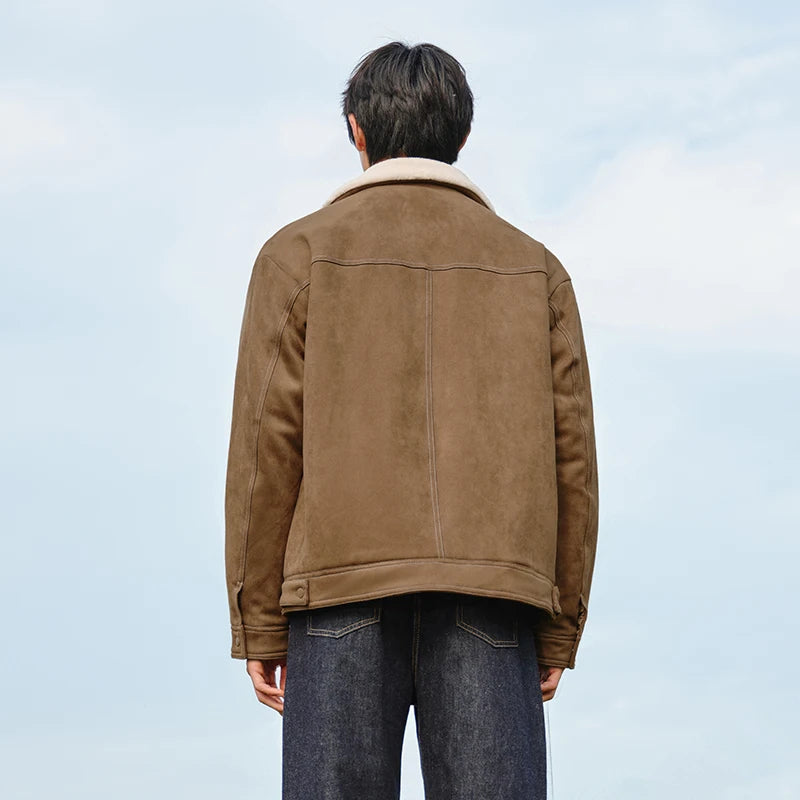 Semir Faux Suede Jacket Collar Fleece Lined Men 2025 Winter Vintage Style Workwear Loose Fit Warm Casual Outerwear Coat