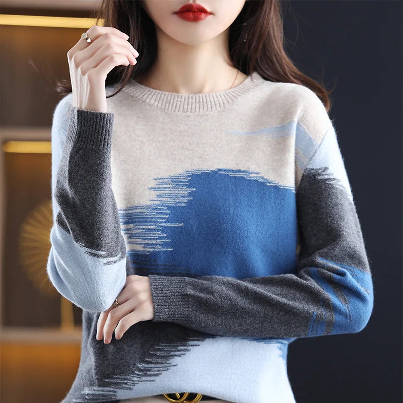 Female Jumper Round Neck Contrasting Color Sweater For Women Autumn Winter New Korean Version Knit Shirt Loose Pullovers Tops