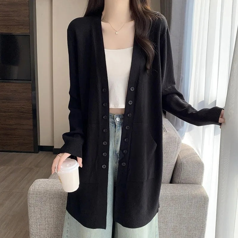 Spring Autumn Middle-long Knitwear Top New Cardigan Women's Sweater Jacket Casual Knitting Woolen Coat Woman Clothing Pocket