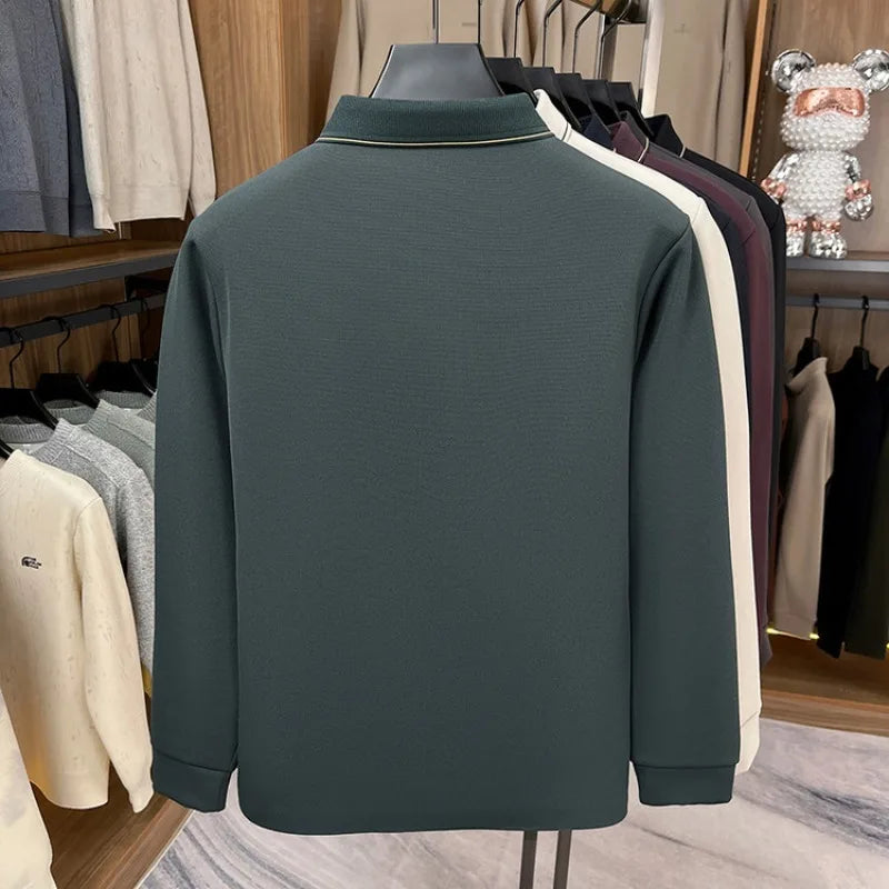 Men's Fleece-Lined Waffle Knit Polo, Vertical Stripe Collar Seamless Design, Anti-Wrinkle Technology