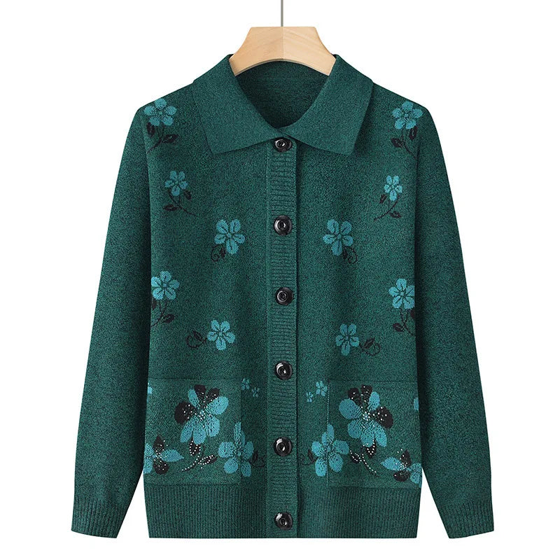 Grandma's Spring Autumn Cardigan Lapel Sweater Winter Womens Clothing Vintage Knitting Middle Aged Mother Knitwears Coat 4XL