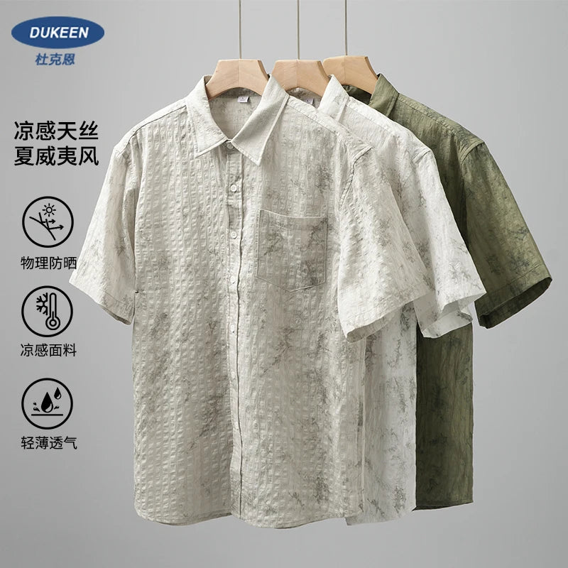 DUKEEN Hawaiian Style Lyocell Ink-Printed Shirt for Men Summer Thin Ice-Silk Coolness Breathable Short-Sleeve Top Men's Clothing