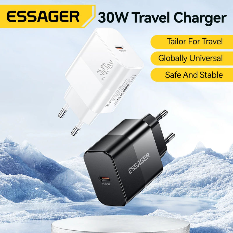 Essager 30W Type C Travel Charger Portable USB C Charger PD Fast Charging For iPhone 16 15 14 13 Pro Max Xiaomi Galaxy S24 Ultra