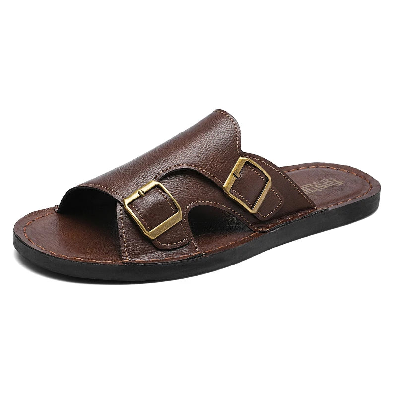 Men's Adjustable Double Buckle Leather Slide Sandals Open Toe Flat Non Slip Casual Summer Slippers Vintage Antique