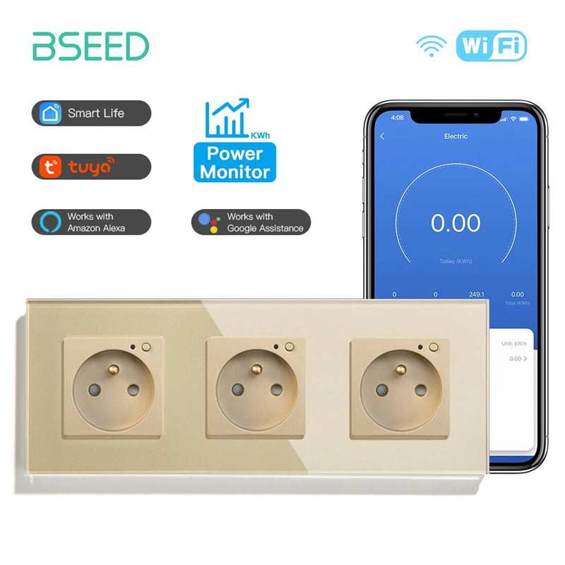 BSEED French Standard Electrical Wifi Smart Socket French Type Power Monitor Timing Function Tuya Alexa Wireless Control 16A