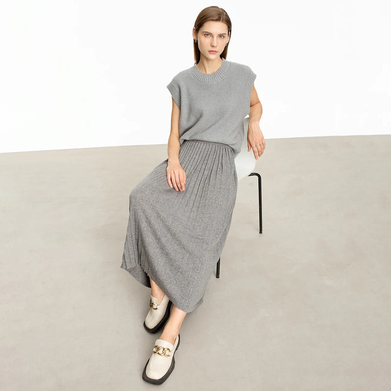 Amii Women's A-Line Pleated Midi Skirt Elastic Waist Loose Fit Knit Casual Commuter Minimalist Autumn 2026 Women Skirts 12623156