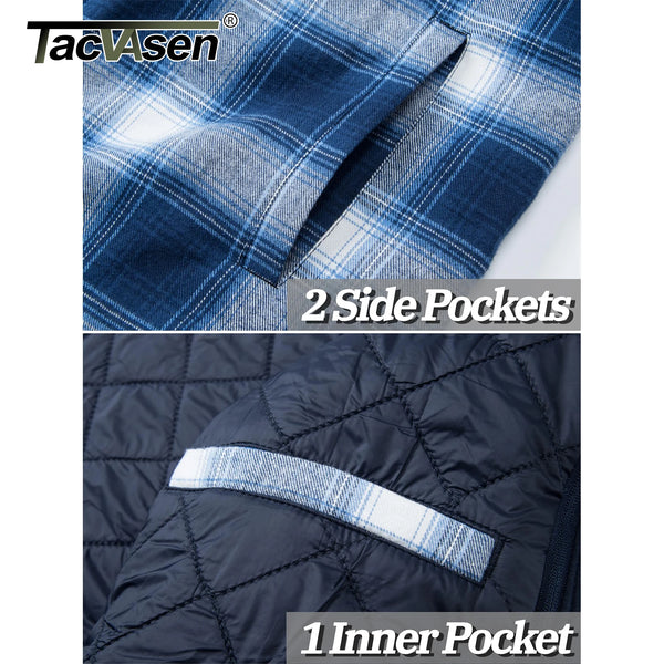 TACVASEN Men's Cotton Flannel Shirt Button Down Plaid Shirts with Hood Quilted Lined Casual Shacket Mens Winter Heavy Shirt New