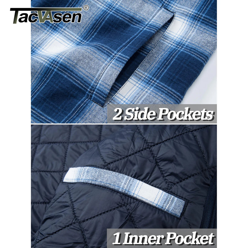TACVASEN Men's Cotton Flannel Shirt Button Down Plaid Shirts with Hood Quilted Lined Casual Shacket Mens Winter Heavy Shirt New