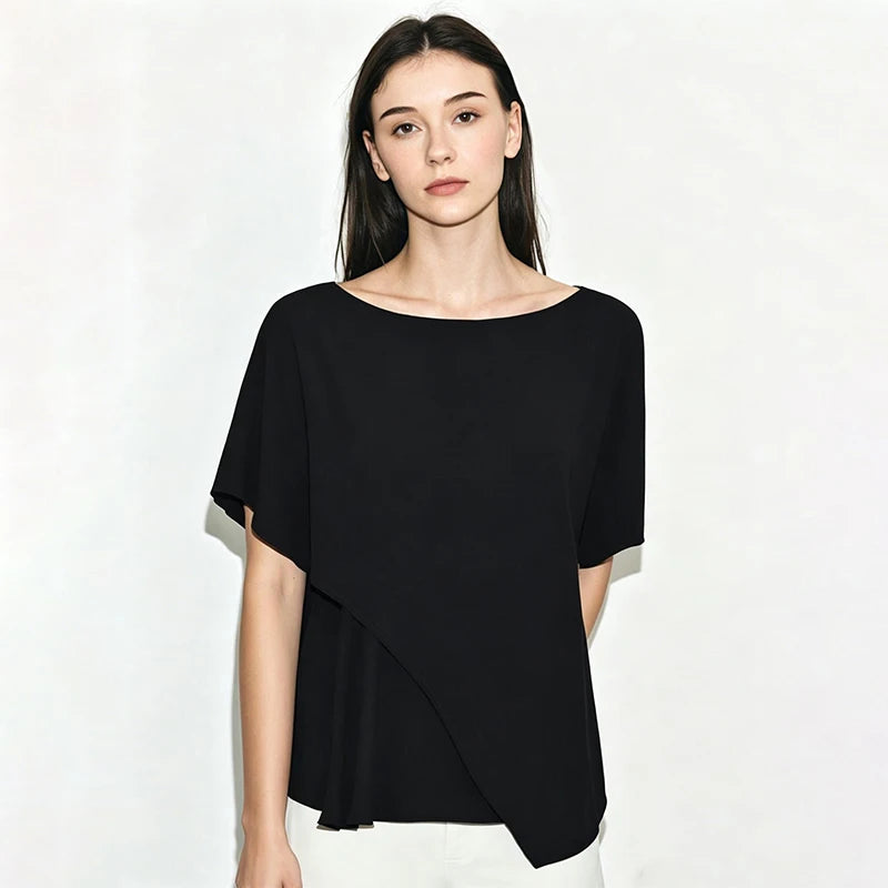 Amii Women's Chiffon Blouse 2026 Summer New O-Neck Asymmetric Patchwork Dolman Sleeve Top Loose Fit Office Casual Shirt 12622212