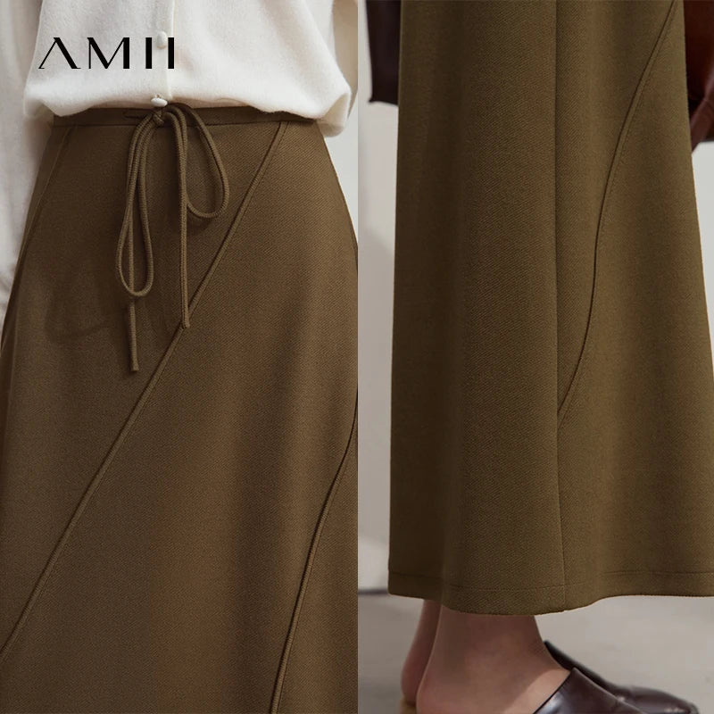 AMII 2026 Women‘s Autumn Casual Skirts Solid Strap Style Drawstring Minimalism Long A-LINE Skirts Female Clothing 12523084