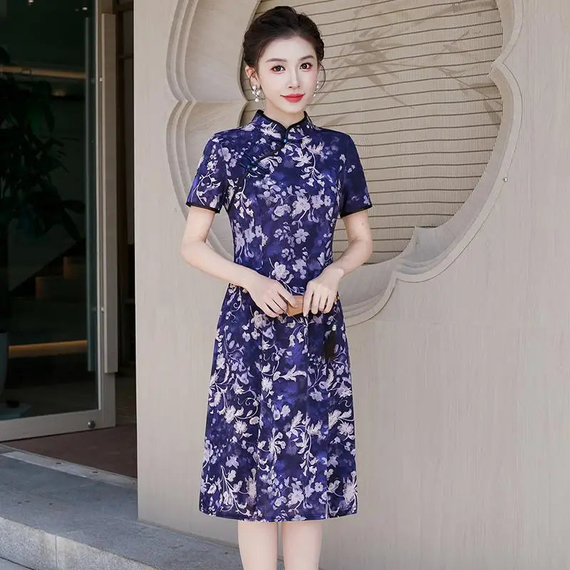 រ៉ូប Cheongsam រដូវក្តៅ កអាវផ្កាបាក់ សម្លៀកបំពាក់នារី រ៉ូបចង្កេះរាងអក្សរ A បែបចិនបុរាណ