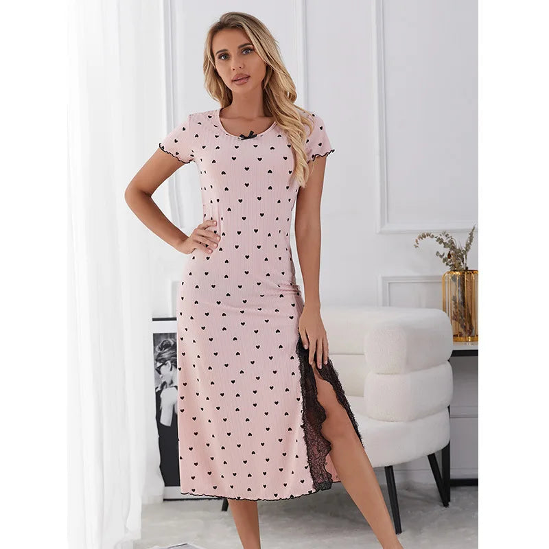 Elastic Slim Fit Nightdress Women's Nightgown Round Neck Short Sleeve Large Size Split Fork Sleepwear Medium Long Summer Dress