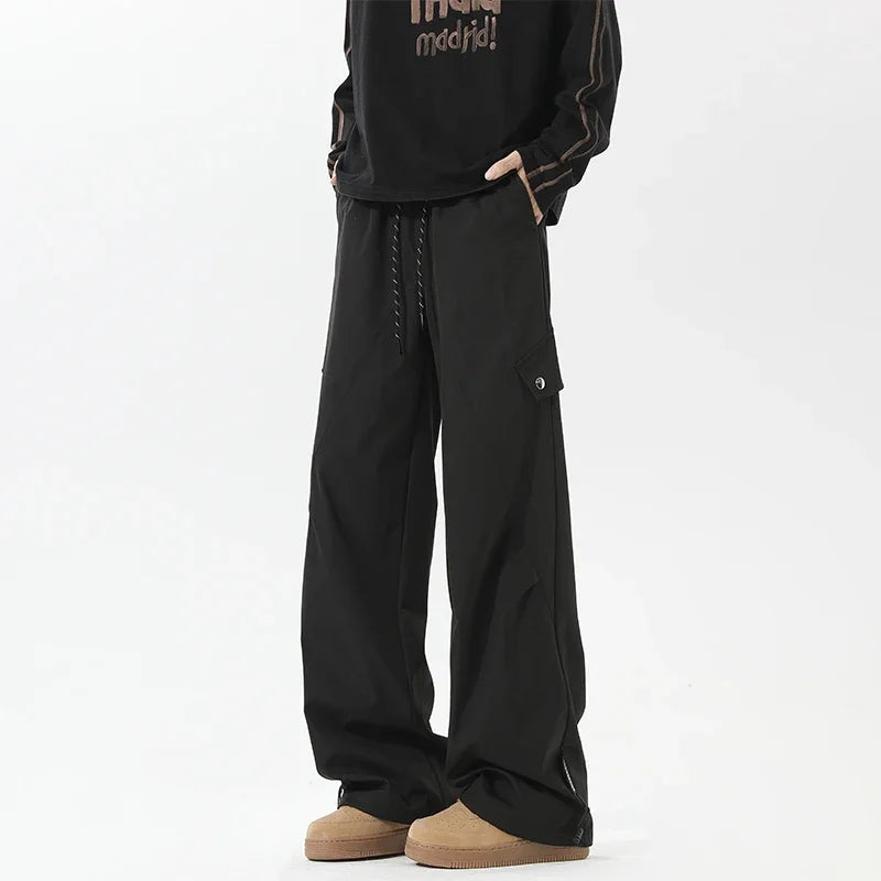 Mens Lightweight Wide Leg Cargo Trousers Drawstring Elastic Waist Multi Pockets For Hiking Travel Urban Casual Outfits
