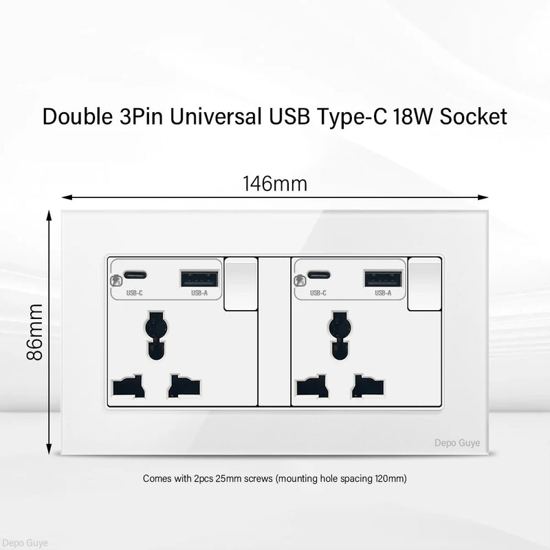 UK Standard 18W Type-C Fast Charging Universal Dual 3pin Power Outlet,White Tempered glass Wall light Switch Panel  For Home