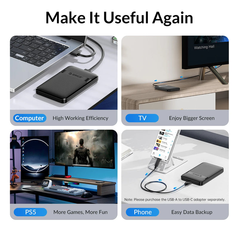 ORICO HDD Case 2.5 Inch SATA to USB3.0/Type-C HDD Enclosure 6Gbps Max USB-C External SATA HDD Enclosure Support Auto-Sleep