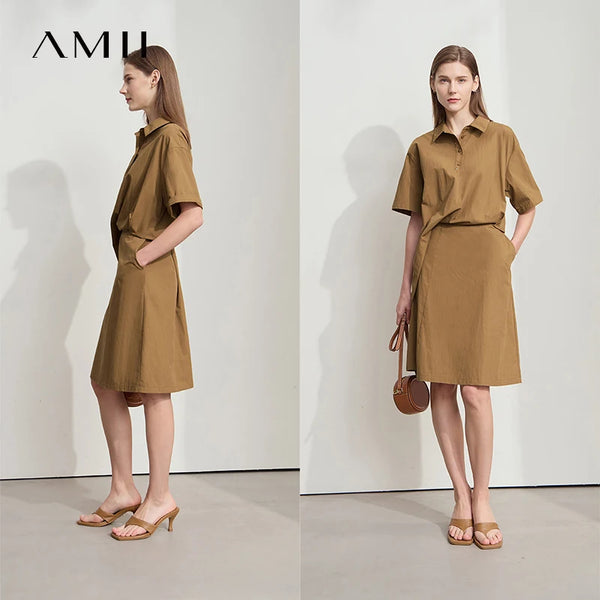 Amii Minimalist Premium Shirtdress Women 2026 Summer New Office Lady Casual Half Placket Solid Pleated Straight Dresses 12522068