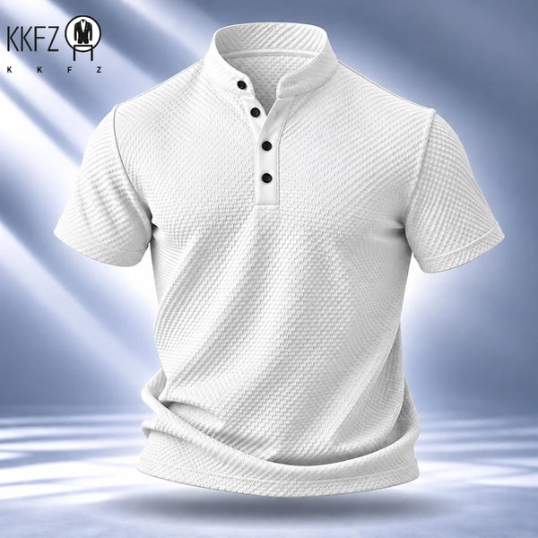 Mens Stand Collar Short Sleeve Shirt Soft Durable Waffle Premium Fabric Suitable For Daily Walking And Light Sports Occasions
