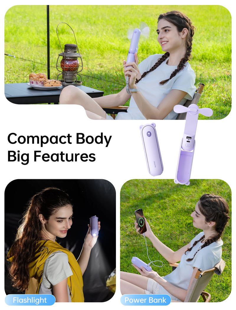 JISULIFE Handheld Fan, 4500mAh Battery 37hrs Runtime, 3 Speeds, Pocket Portable Folding Personal Fan with Power Bank Flashlight
