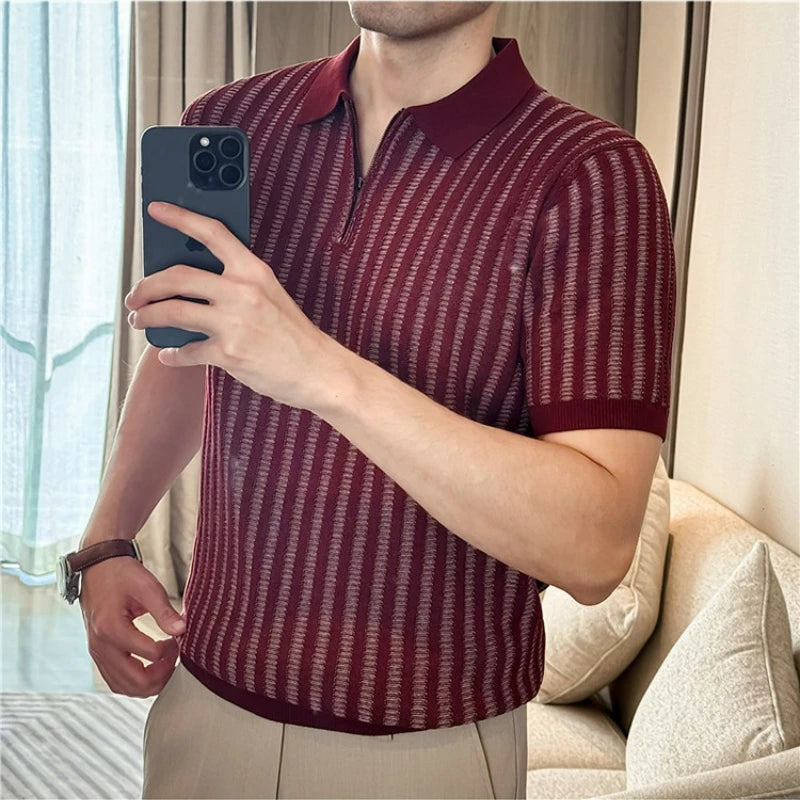 Lyocell Linen Polo Shirt Striped Half Zipper Knitted Short-Sleeved T-shirt T Men's Knitted Short Sleeve Breathable Perspiration