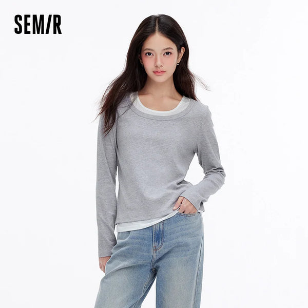 អាវយឺត Semir សម្រាប់នារី ដៃវែង ប៉ាក់ពីរដុំ ស្ទីលធម្មតា ស្លៀកប្រចាំថ្ងៃ រដូវស្លឹកឈើជ្រុះ ឆ្នាំ២០២៦