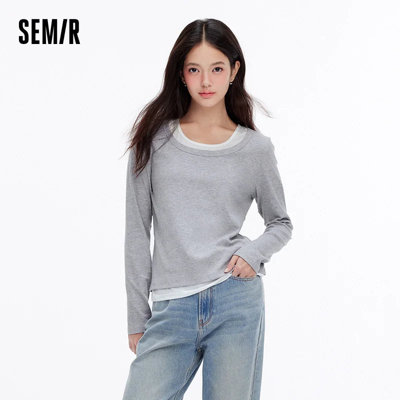 Semir Women Tshirt Slim Long Sleeve Patchwork Faux Two Piece Layering Base Top Autumn Casual Style Daily Wear 2026