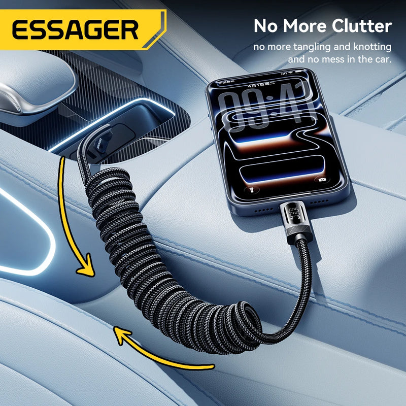 ខ្សែសាក Essager 100W Car Spring Type C សម្រាប់ iPhone 17 16 15 Pro Xiaomi Samsung PD សាកថ្មលឿនសម្រាប់ Macbook iPad ខ្សែ Type C ដល់ C