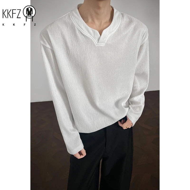 Male Relaxed Oversized V Notch Long Sleeve Top Crinkle Pleated Pattern Lightweight Fabric For Holiday Daily Styling Look