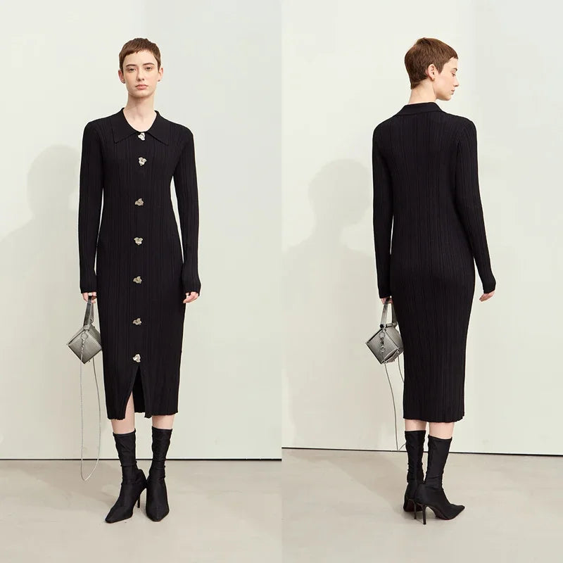 រ៉ូប Amii Minimalism Elegant Women Dress រដូវស្លឹកឈើជ្រុះឆ្នាំ ២០២៥ រ៉ូបថ្មី Retro Slim Dress សម្រាប់នារី អាវក្រៅប៉ាក់ធ្វើពីក្រណាត់រឹង 12443090