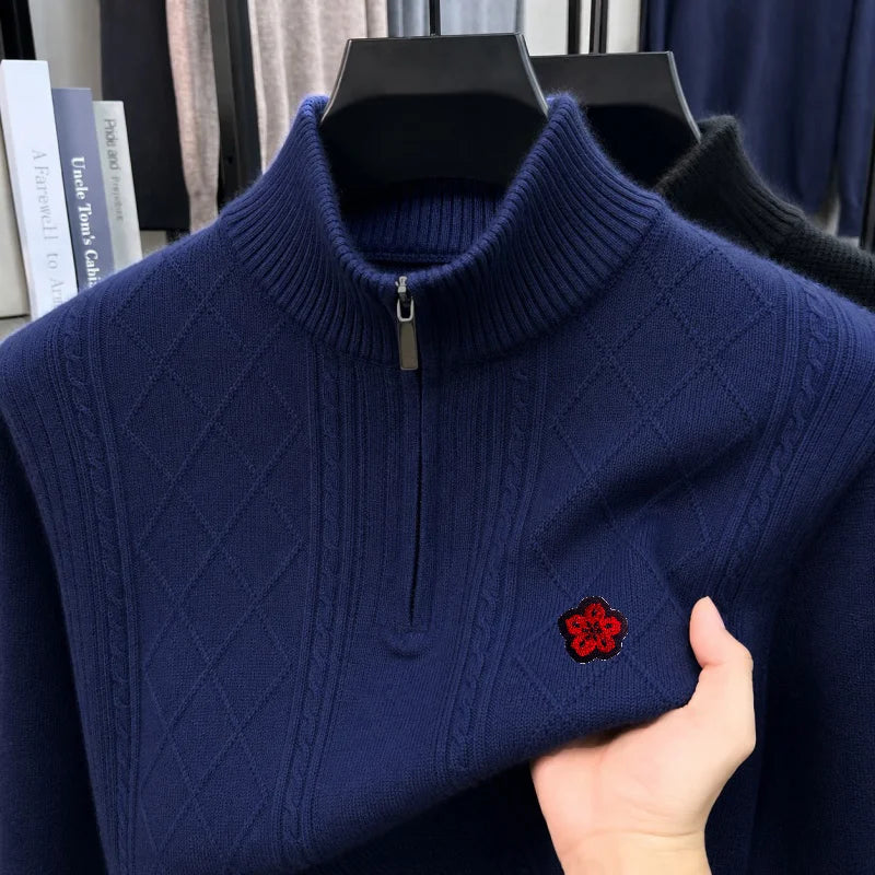 Men's Long-Sleeved Knitwear Mock Neck Zipper Flower Exquisite Embroidery Autumn Winter New Pullover Leisure Trend Men's Clothing