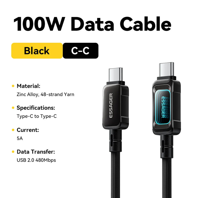 ខ្សែសាក Essager 100W USB Type C សម្រាប់ iPhone17 16 15 5A PD សាកថ្មលឿនសម្រាប់ Macbook iPad Samsung Xiaomi LED Type C ទៅ Type C Cable