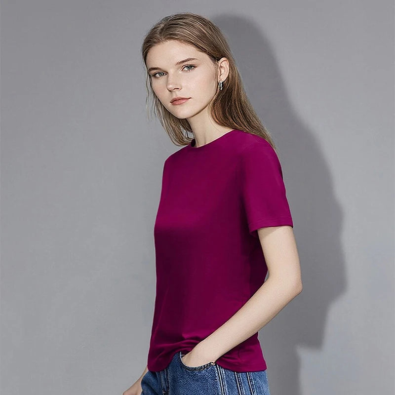 Amii Basic Women's T-Shirt 2026 Summer Casual Round Neck Short Sleeve Tee Solid Color Versatile Slim Fit Top for Women 12622008