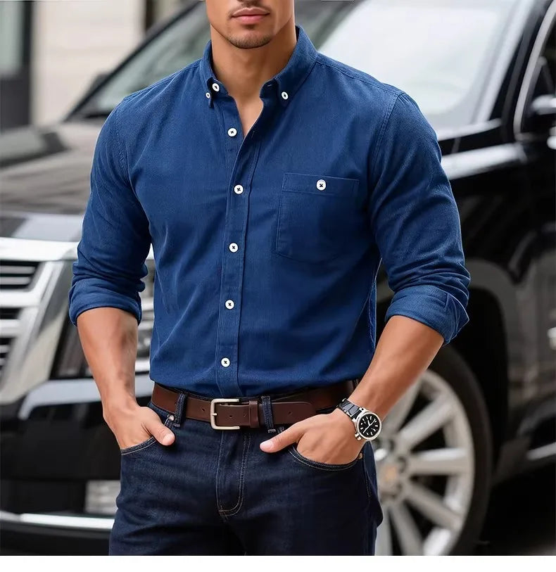 Men's Blue Long-sleeved Shirt, Corduroy Fabric Shirts, Asian-sized Fitted Top. Available in Red, Black, White, Green and Yellow.