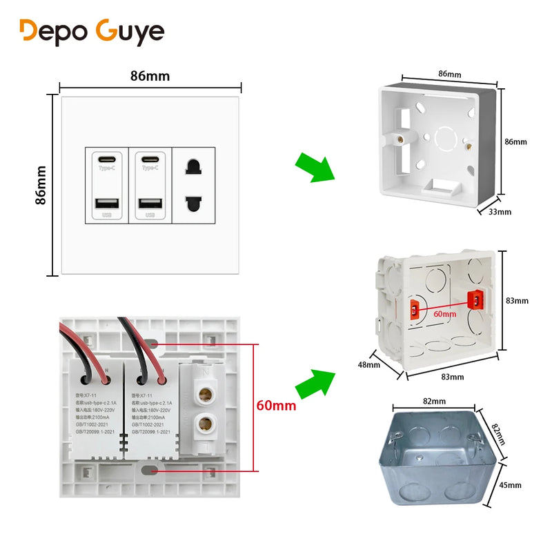 EU RU UK Standard USB Type C Port Power Wall Socket,Universal usb type c 220V Electrical Socket,White Power Outlet with 2holes