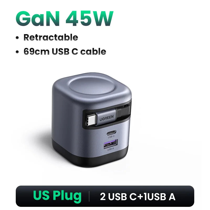 UGREEN 45W GaN Retractable Cable Charger UFCS PPS QC PD 3.0 Fast Charger For iPhone 17 16Pro Samsung S25 iPad Macbook Air Tablet