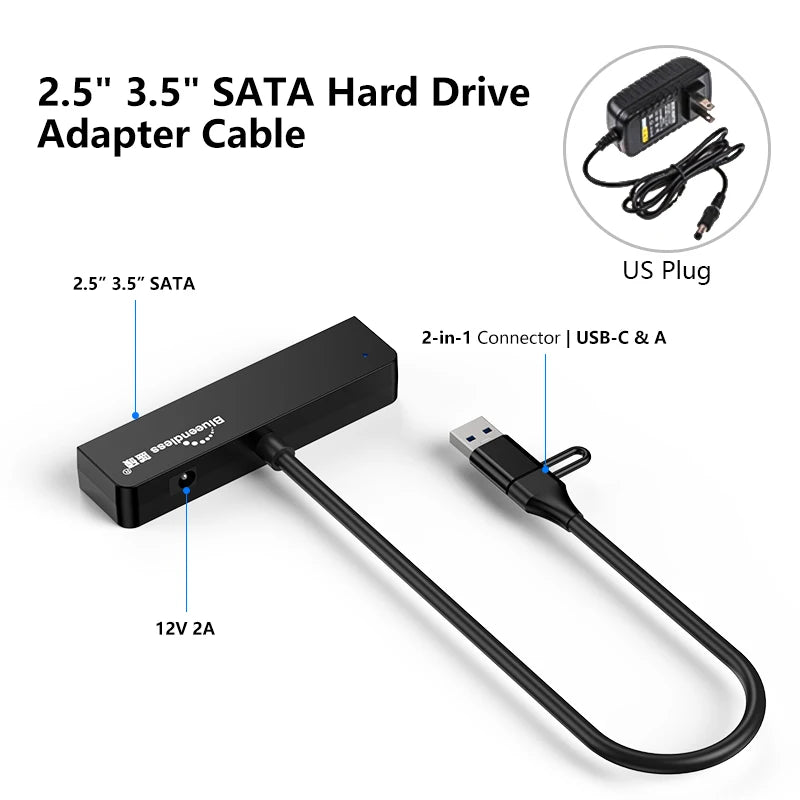 អាដាប់ទ័រ USB 3.0 ទៅ SATA III របស់ Blueendless សម្រាប់ឧបករណ៍បម្លែង USB-A ប្រភេទ C សម្រាប់ខ្សែផ្ទេរទិន្នន័យដ្រាយវ៍រឹងខាងក្រៅ SSD ទំហំ 2.5 អ៊ីញ 3.5 អ៊ីញ