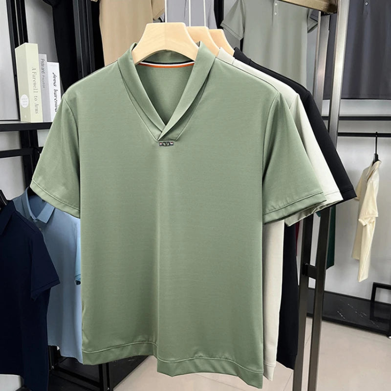 V-neck Elegant Men's Stretch Solid Color Short Sleeve T-shirt, Daily Commuting Top.2025 Summer New Arrivals