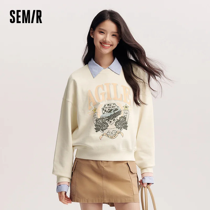 Semir Loose Hoodies Retro Graphic Women Spring Casual Fashion Comfort Soft Texture Trend Sweatershirt New 2026