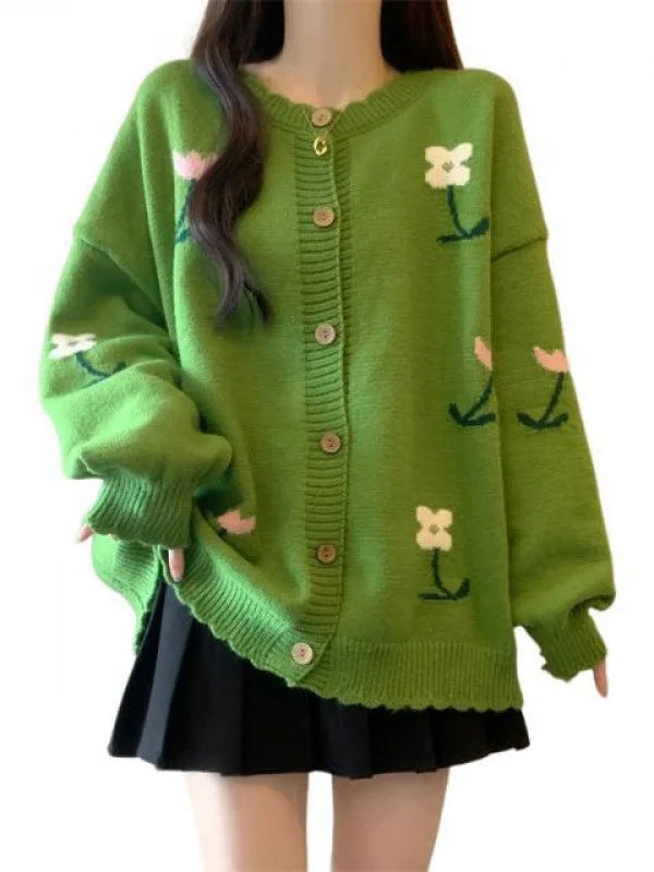 Korean Printed Woolen Knitwear Woman Clothing Loose Buttons Cardigan Sweater Long Sleeve Knit Jacket Female Spring Autumn Coat