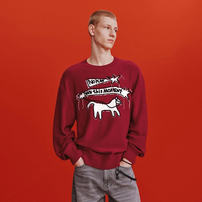 Semir Red Sweater Men 2026 Spring Loose Crew Neck Letter Jacquard Tassel Casual Comfortable Fashion Knitwear Daily Top