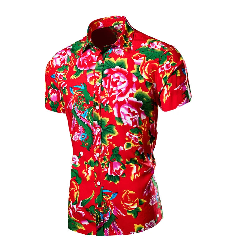 2026 Chinese Style Bright Men's Red Print Long Sleeve Shirt, Single Breasted Lapel Shirts, Green Black Fashion Casual Camisa