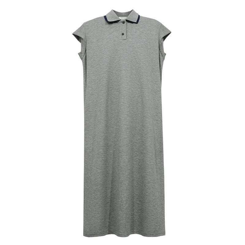Amii Womens Dresses 2026 Summer New Color Block Contrast Lapel Air Layer Knitted Casual Loose Fit Midi Women's Dress 12622166