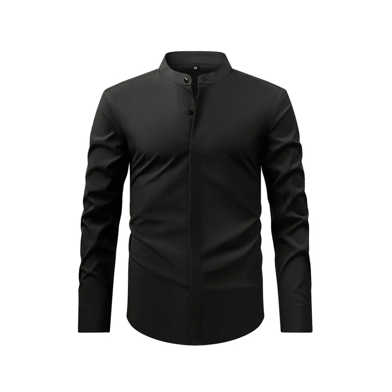 Men's Black Long-sleeve Stand-collar Shirt for Spring and Fall; Blue Single-breasted Stretch Shirts; Red, Yellow, Green, White.